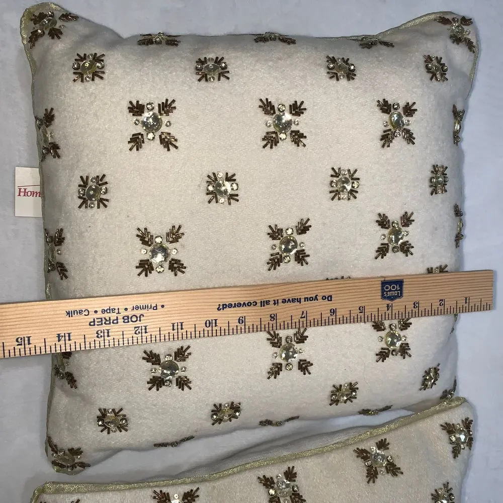Real lambs wool diamante encrusted‎ accent pillows cream gold 14 x 12 inches